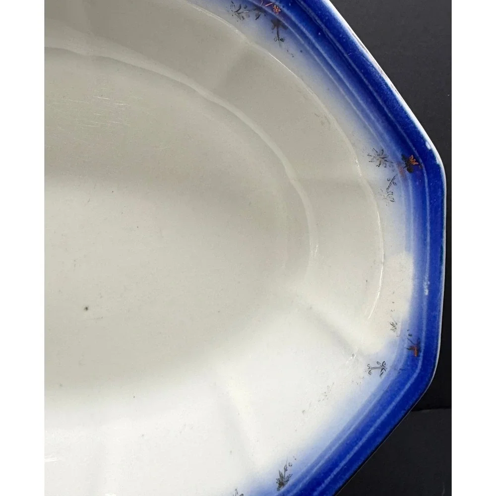 Antique Flow Blue Ironstone Oval‎ Serving Bowl Gold Floral Gilt Scalloped Rim